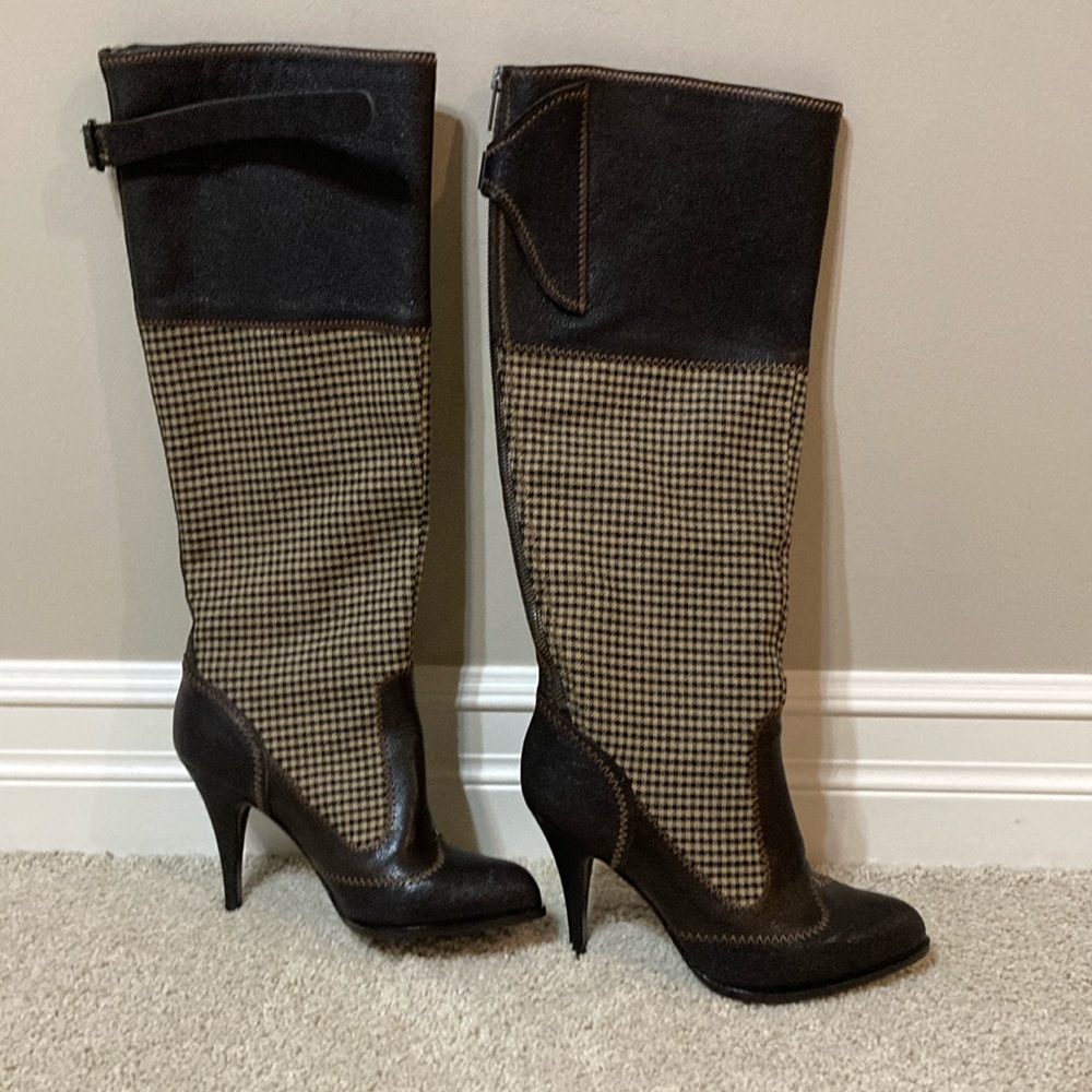 Jean Paul Gaultier Brown Leather Houndstooth Tweed Plaid Brown Boots Heels 37 7